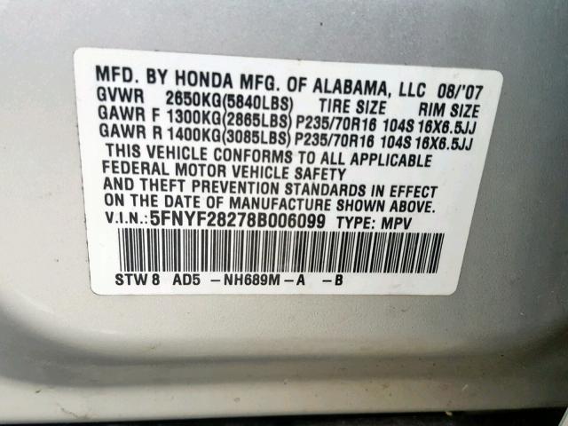 5FNYF28278B006099 - 2008 HONDA PILOT VP SILVER photo 10