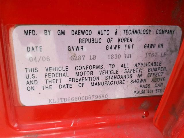 KL1TD66606B679580 - 2006 CHEVROLET AVEO BASE Qırmızı foto 10