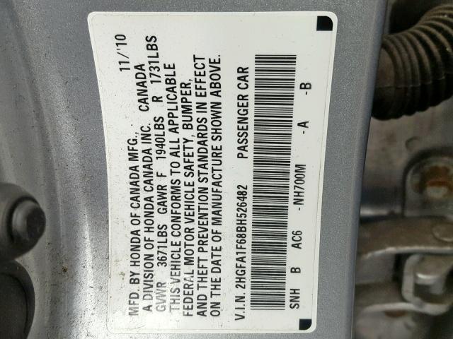 2HGFA1F68BH526482 - 2011 HONDA CIVIC LX-S SILVER photo 10