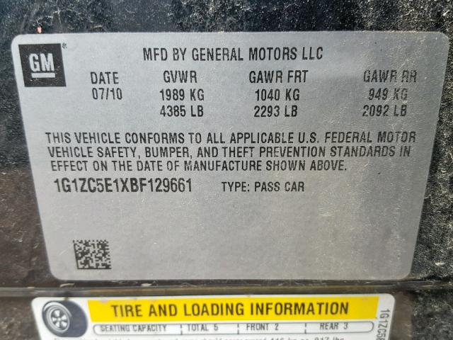 1G1ZC5E1XBF129661 - 2011 CHEVROLET MALIBU 1LT BLACK photo 10