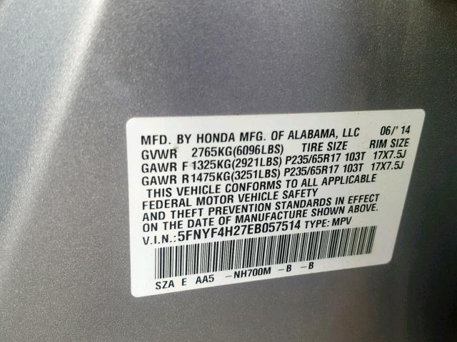 5FNYF4H27EB057514 - 2014 HONDA PILOT LX SILVER photo 10