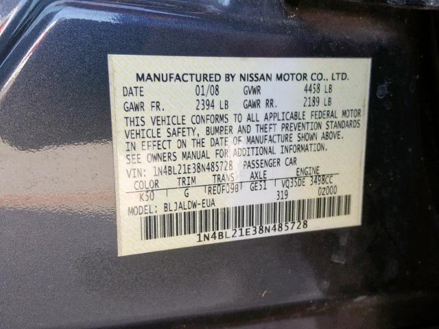 1N4BL21E38N485728 - 2008 NISSAN ALTIMA 3.5 BLUE photo 10