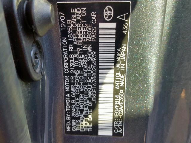 JTKDE167880264939 - 2008 TOYOTA SCION TC CHARCOAL photo 10