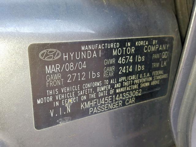 KMHFU45E14A353062 - 2004 HYUNDAI XG 350 SILVER photo 10