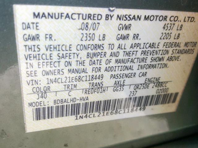 1N4CL21E68C118449 - 2008 NISSAN ALTIMA HYB GREEN photo 10