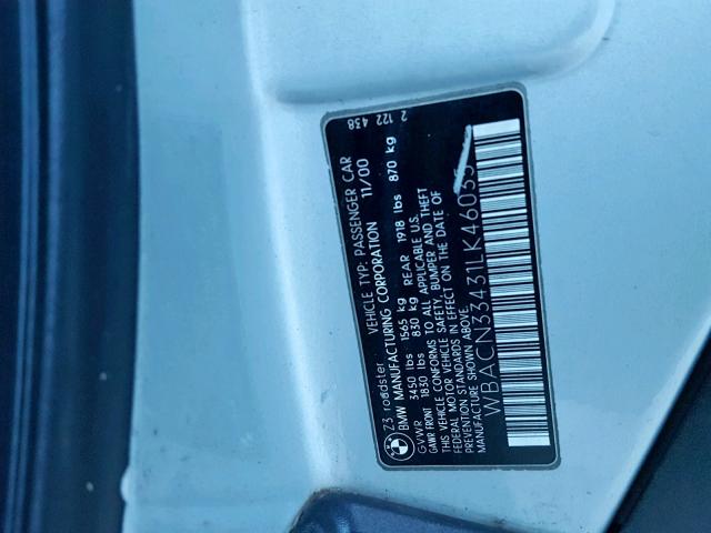 WBACN33431LK46035 - 2001 BMW Z3 2.5 SILVER photo 10