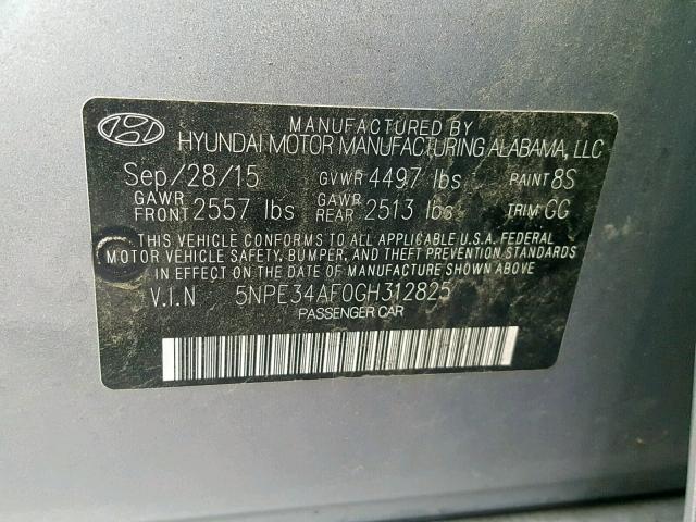 5NPE34AF0GH312825 - 2016 HYUNDAI SONATA SPO GRAY photo 10