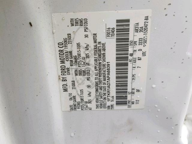 1FTKR1AD7APA68391 - 2010 FORD RANGER WHITE photo 10