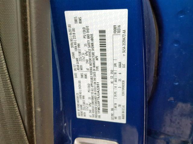 1FMCU0F79JUA22851 - 2018 FORD ESCAPE S BLUE photo 10