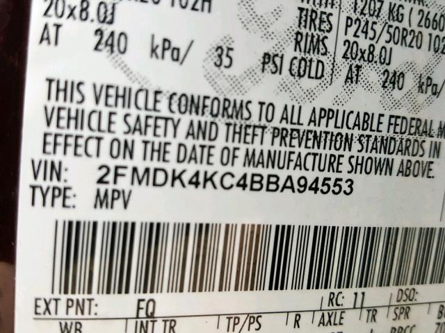 2FMDK4KC4BBA94553 - 2011 FORD EDGE LIMIT RED photo 10