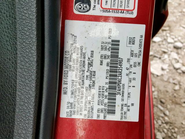 3FAHP0KC2AR354907 - 2010 FORD FUSION SPO RED photo 10