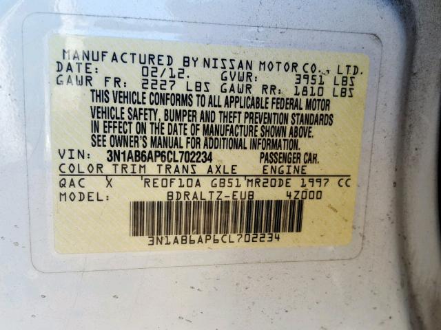 3N1AB6AP6CL702234 - 2012 NISSAN SENTRA 2.0 WHITE photo 10