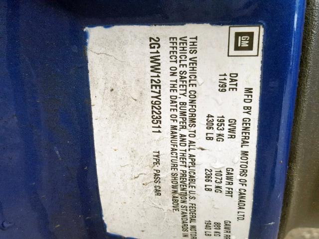 2G1WW12E7Y9223511 - 2000 CHEVROLET MONTE CARL BLUE photo 10