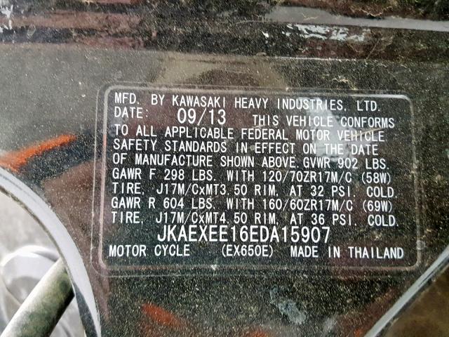 JKAEXEE16EDA15907 - 2014 KAWASAKI EX650 E ORANGE photo 10