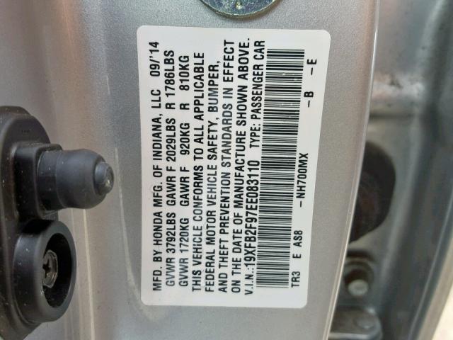 19XFB2F97EE083110 - 2014 HONDA CIVIC EXL SILVER photo 10