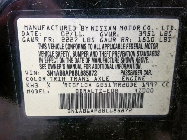 3N1AB6AP8BL685872 - 2011 NISSAN SENTRA 2.0 BLACK photo 10