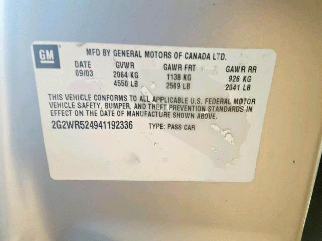 2G2WR524941192336 - 2004 PONTIAC GRAND PRIX SILVER photo 10