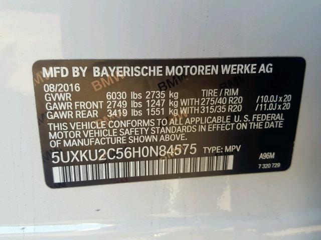 5UXKU2C56H0N84575 - 2017 BMW X6 XDRIVE3 WHITE photo 10