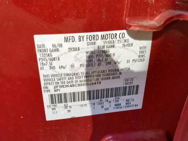 2FMDK48C88BB26419 - 2008 FORD EDGE SEL RED photo 10