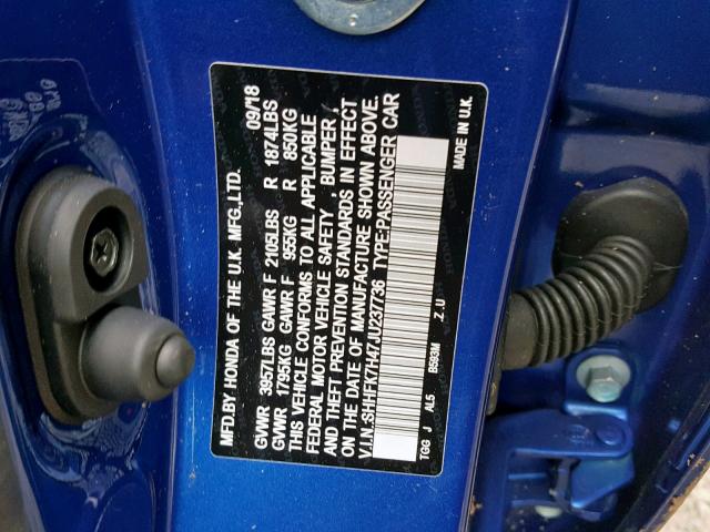 SHHFK7H47JU237736 - 2018 HONDA CIVIC SPOR BLUE photo 10