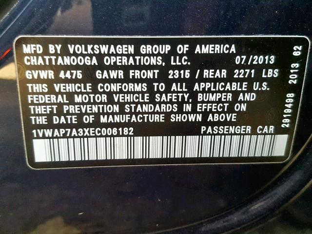 1VWAP7A3XEC006182 - 2014 VOLKSWAGEN PASSAT S BLUE photo 10