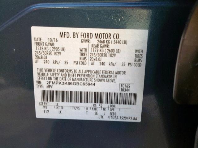 2FMPK3K86GBC65944 - 2016 FORD EDGE TITAN BLUE photo 10