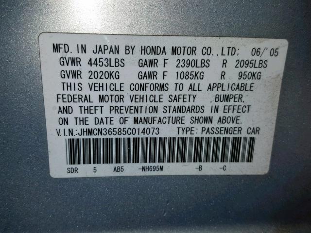 JHMCN36585C014073 - 2005 HONDA ACCORD HYB SILVER photo 10