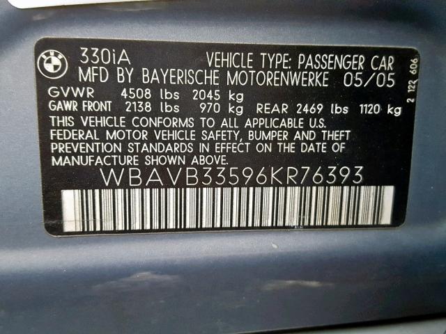 WBAVB33596KR76393 - 2006 BMW 330 I BLUE photo 10