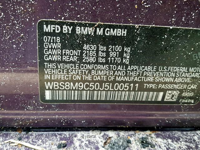 WBS8M9C50J5L00511 - 2018 BMW M3 PURPLE photo 10
