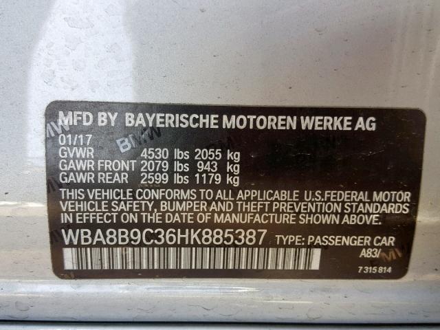 WBA8B9C36HK885387 - 2017 BMW 330 I SILVER photo 10