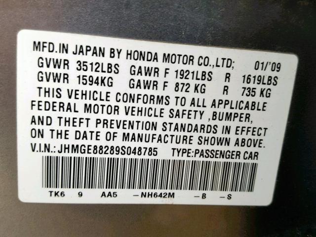 JHMGE88289S048785 - 2009 HONDA FIT GRAY photo 10