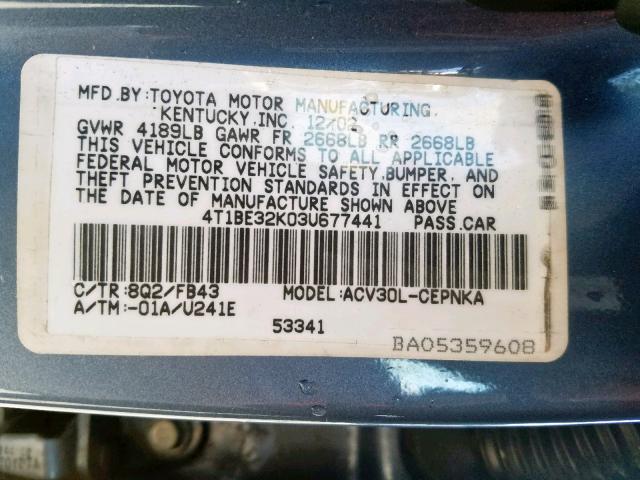 4T1BE32K03U677441 - 2003 TOYOTA CAMRY LE BLUE photo 10