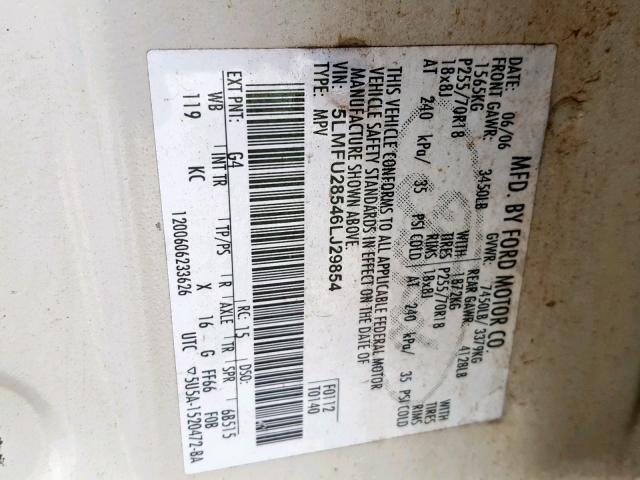 5LMFU28546LJ29854 - 2006 LINCOLN NAVIGATOR 白色 照片 10