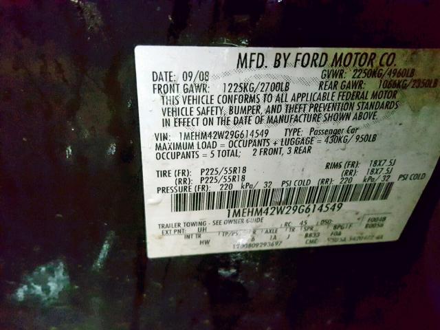 1MEHM42W29G614549 - 2009 MERCURY SABLE PREM BLACK photo 10