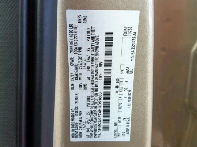 1FMCU0F74HUD51886 - 2017 FORD ESCAPE S BEIGE photo 10