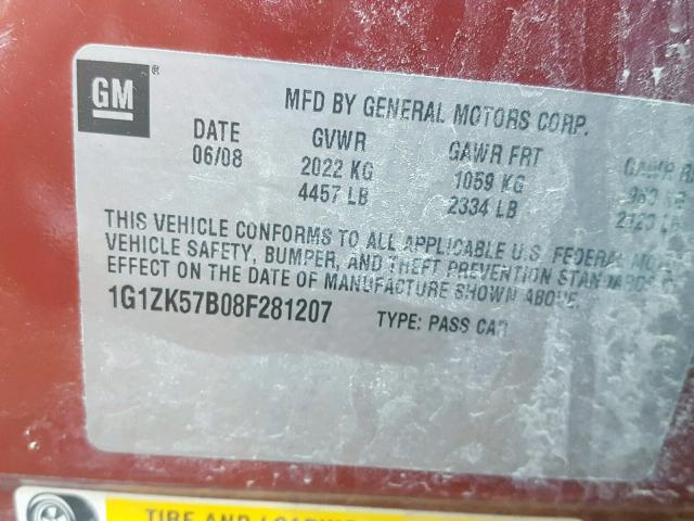 1G1ZK57B08F281207 - 2008 CHEVROLET MALIBU LTZ MAROON photo 10