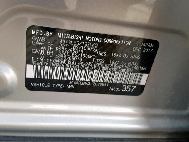 JA4AR3AW3JZ032964 - 2018 MITSUBISHI OUTLANDER SILVER photo 10