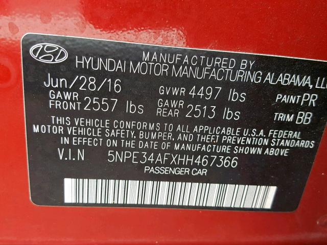 5NPE34AFXHH467366 - 2017 HYUNDAI SONATA SPO RED photo 10