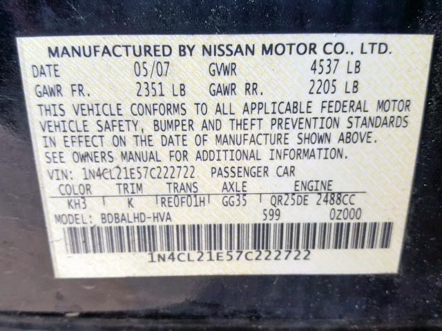 1N4CL21E57C222722 - 2007 NISSAN ALTIMA HYB BLACK photo 10