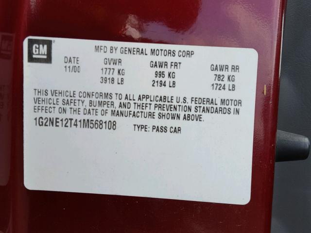 1G2NE12T41M568108 - 2001 PONTIAC GRAND AM S RED photo 10