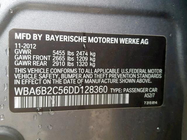 WBA6B2C56DD128360 - 2013 BMW 650 I GRAY photo 10