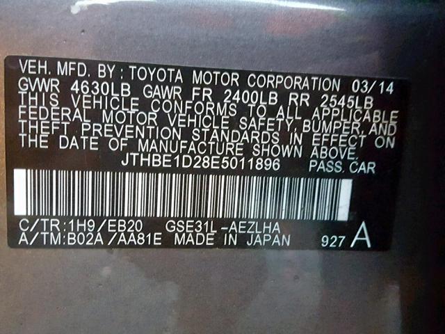 JTHBE1D28E5011896 - 2014 LEXUS IS 350 CHARCOAL photo 10