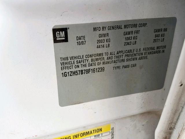 1G1ZH57B78F161239 - 2008 CHEVROLET MALIBU 1LT WHITE photo 10