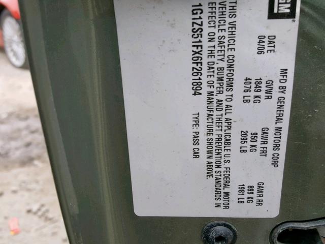 1G1ZS51FX6F261894 - 2006 CHEVROLET MALIBU LS Yaşıl foto 10