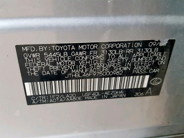 JTHBL46F975000982 - 2007 LEXUS LS 460 SILVER photo 10