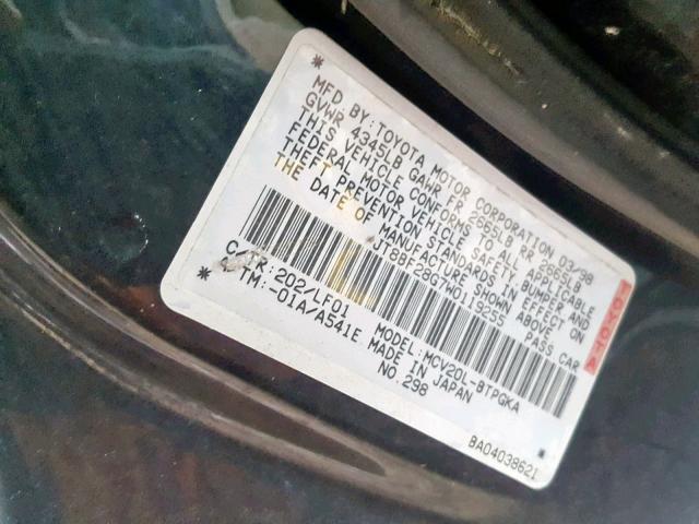 JT8BF28G7W0119255 - 1998 LEXUS ES 300 BLACK photo 10