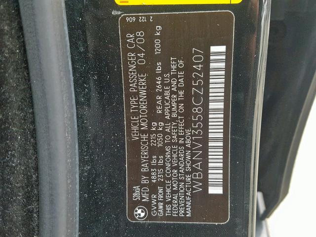 WBANV13558CZ52407 - 2008 BMW 528 XI BLACK photo 10