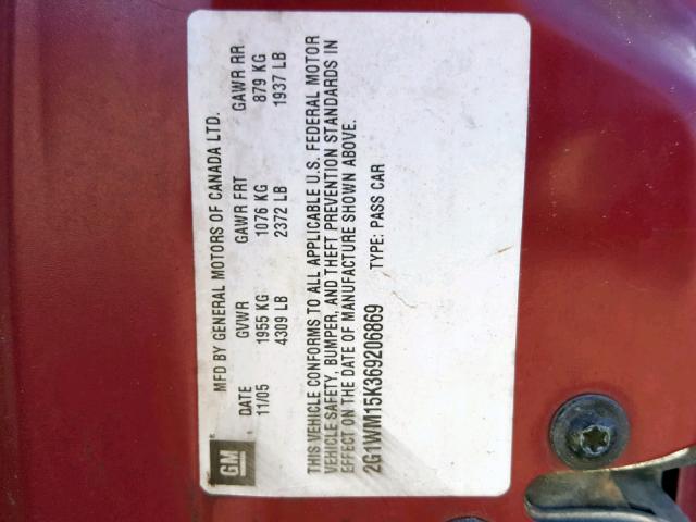 2G1WM15K369206869 - 2006 CHEVROLET MONTE CARL RED photo 10