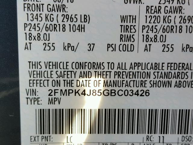 2FMPK4J85GBC03426 - 2016 FORD EDGE SEL BLUE photo 10