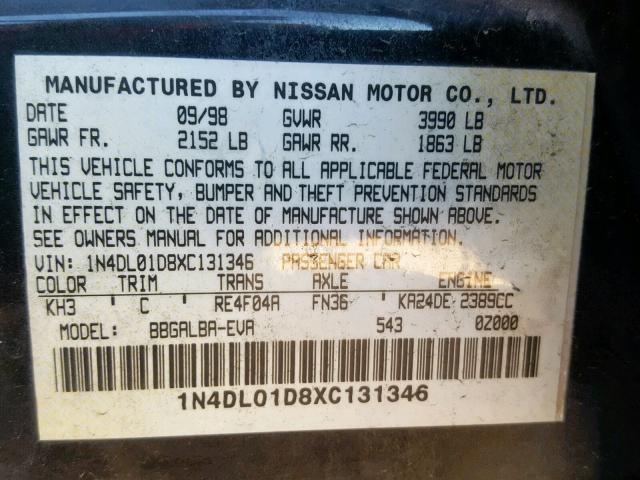 1N4DL01D8XC131346 - 1999 NISSAN ALTIMA XE BLACK photo 10